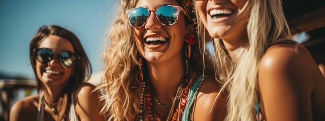 A group of stylish friends laughing and enjoying a summer event together.