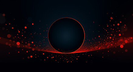 abstract background with red circle, dark disk, planet in the universe cosmos red orange dots light star dust, strong contrast science fiction black hole, event horizon, wallpaper, illustration banner