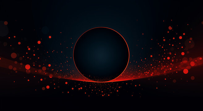 abstract background with red circle, dark disk, planet in the universe cosmos red orange dots light star dust, strong contrast science fiction black hole, event horizon, wallpaper, illustration banner