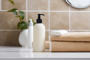 Poster - Ceramic toiletries with towels on counter against bathroom backdrop, with space for text.