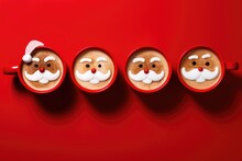 Festive Still Life Photo Of Espresso Cups With Santa's Sugar-made Face On A Red Background.
