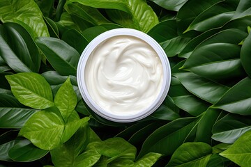 green leaves background with cosmetic skin care products (body lotion, hair shampoo, face creme), sh
