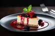 Red currant fruit spread and berries on a modern cheesecake.