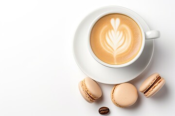 Sticker - Coffee with milk macarons on white surface viewed from above