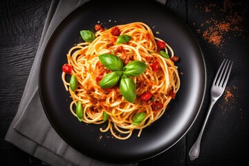 Wall Mural - Delicious Italian spaghetti with tomato sauce parmesan cheese and basil on a dark table
