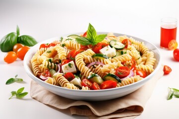Wall Mural - Delicious pasta salad with ingredients on a bright background plate