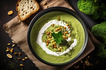 Sticker - Top view of a nutritious breakfast with broccoli and spinach cream soup, sunflower seeds, yogurt, and buckwheat bread.