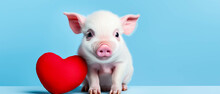 Cute Little Piglet With Pink Heart On Blue Background. Funny Animal Valentines Day, Love, Wedding Celebration Concept Greeting Card