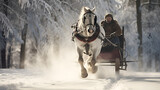 Fototapeta  - A man bundled in heavy winter attire travels in a horse-drawn wagon amidst the winter landscape