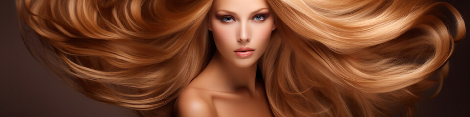 Wall Mural - Beautiful ginger woman with long wavy coloring hair on studio background.