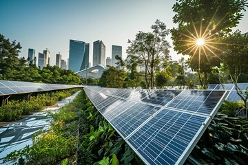 Wall Mural - Sustainable Cityscape with Solar Panels and Green Roofs