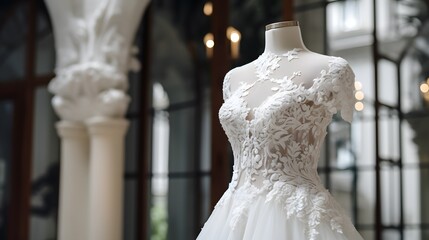 Closeup Of Luxurious White Bridal Gown In Boutique