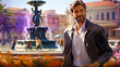 Portrait of a man in a city square with a fountain and flowering colors