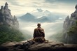 Serene monk meditating in a tranquil mountain setting.