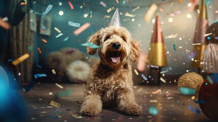 Sticker - A festive labradoodle dog wearing a party hat surrounded by falling confetti. Generative AI.