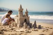 happy dad and girl built a huge beautiful sand castle on the beach