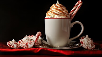 Wall Mural - side view, hot chocolate with whip cream with a candy cane