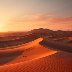 Desert panorama. Sunrise over sand dunes. 3d render, A stunning sunset over sand dunes, Captivating desert landscape during golden hour, Beautiful sand dunes in the Sahara Desert, A vast desert landsc