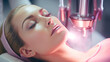 © Jhati - A futuristic scene featuring a woman undergoing a cutting-edge facial treatment with a plasma jet in a sophisticated beauty clinic