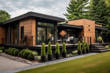 A house with a lot of windows and plants in front of it