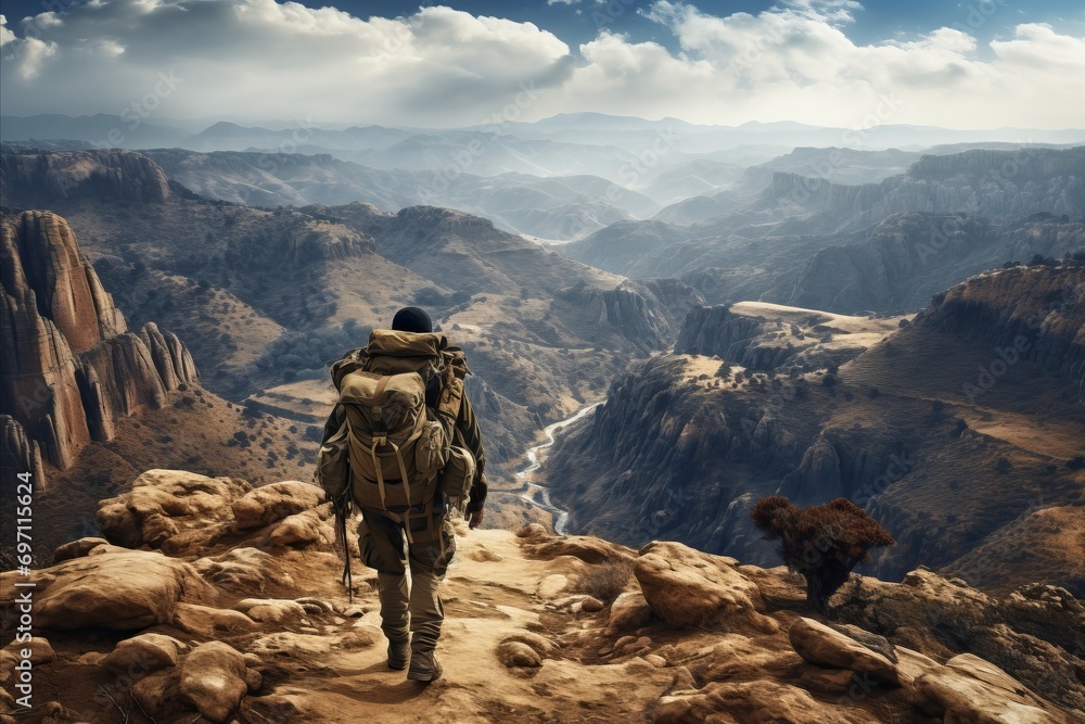 Adventurous Man Trekking through Enchanting Mountain Scenery with ...