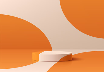 Wall Mural - 3d white cylinder podium pedestal background with free form orange on white color wall scene. minima