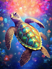 Canvas Print - A huge sea turtle swims in the deep blue ocean with a variety of corals and fish on its back, Generate AI