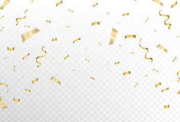 Wall Mural - Confetti explosion on transparent background. Shiny gold paper cutouts that fly and spread. Blur. Big and small. Vector illustraction