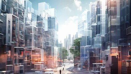 Wall Mural - a city of the future, with highrise buildings made of selfsustaining smart materials, its citizens c