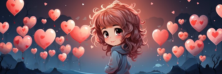 Wall Mural - happy cute cartoon character girl on festive background with hearts. Valentine's Day Greeting Card