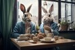 two cute rabbit drinking tea in cozy cafe. funny animals cartoon characters with lantern sitting at table. fairy tale concept