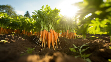 Wall Mural - Healthy Homegrown Carrots. Carrots picking in garden.Carrots on garden ground. AI Generative