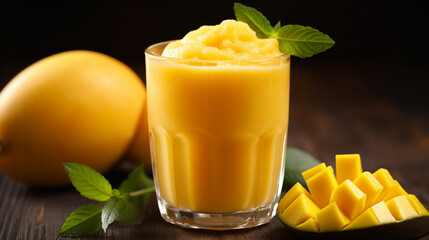 Wall Mural - Healthy mango smoothie. Mango smoothie in a glass Mason jar and mango. Mango shake. AI Generative