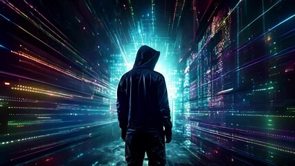 Wall Mural - A silhouette of a cyberpunk hacker surrounded by flashing neon lines of code with a robotic arm outstretched attempting cyberpunk ar