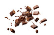 Various types of chocolate falling with choc flake in the air isolated on transparent background, dessert sweet concept, piece of dark chocolate.