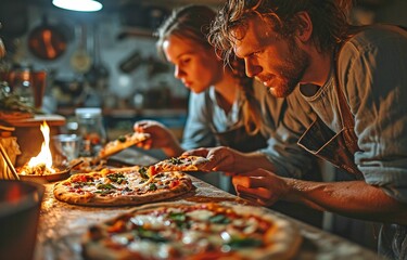 Wall Mural - At-home couple enjoying a piece of pizza.