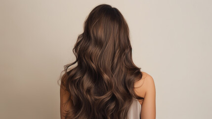 Wall Mural - Back of attractive young brunette model with long brown hair on light background