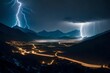 thunder storming and lightning in the dark and large mountain full mountain covered with deep and dark clouds covered by the dark black clouds with small city in the mountain with blue lightning  