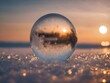 © Sadushi - Macro photograph of frozen soap bubbles ice crystals in sunset. Ice Crystals Form Beautiful Pattern on Bubble background