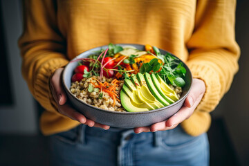 Wall Mural - Image created with AI. Healthy vegetarian dinner. Woman in jeans and warm sweater holding bowl with fresh salad, avocado, grains, beans, roasted vegetables, close-up. Superfood, clean eating, vegan, d