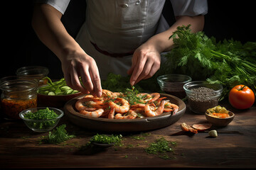 Wall Mural - Image created with AI. Seafood, professional chef prepares shrimp with green beans. Cooking seafood, healthy vegetarian food and meal on a dark background. Horizontal view.