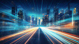Fototapeta Fototapety przestrzenne i panoramiczne - Abstract background of high speed global data transfer and super fast broadband in futuristic tech city at night