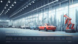 Automated robotics futuristic electric cars factory production line as wide banners with statistics of production and efficiency as wide banner with copy space area 