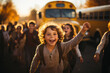 excitement as the school bus arrives, with kids in cinematic poses ready to board.