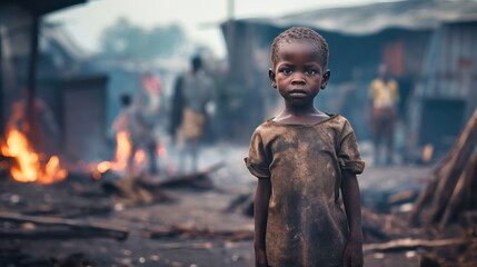 close-up of a poor hungry orphan boy in a refugee camp with a sad expression, his face and clothes are dirty and his eyes are full of pain.
