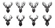 Deer head silhouettes with horns, black and white heads of forest animals, decoration of room, home, wall, tatto. Vector illustration
