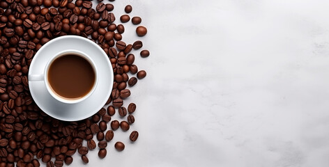 Wall Mural - Top view of a cup of coffee and roasted coffee beans on a light background. Background of freshly roasted coffee beans with a cup of hot coffee, copy space