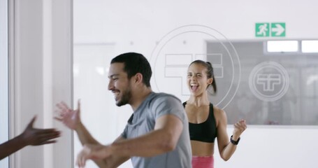 Canvas Print - Happy people, athlete or high five in gym for fitness exercise or workout with success, teamwork or support. Sand bag, motivation or excited group of men with women, community or goal for mission