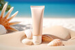 empty cosmetic skin care cream or sun block on sand beach with sea side background travel vacation accessory