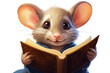 cute cartoon rat with glasses reading a book